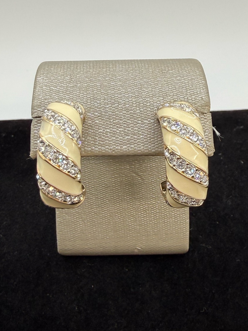 Vintage Swarovski Cream Enamel Clear Crystal Gold Tone Hoop Earrings